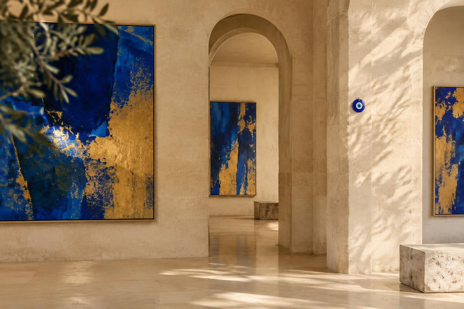 Gallery interior with cobalt and gold paintings